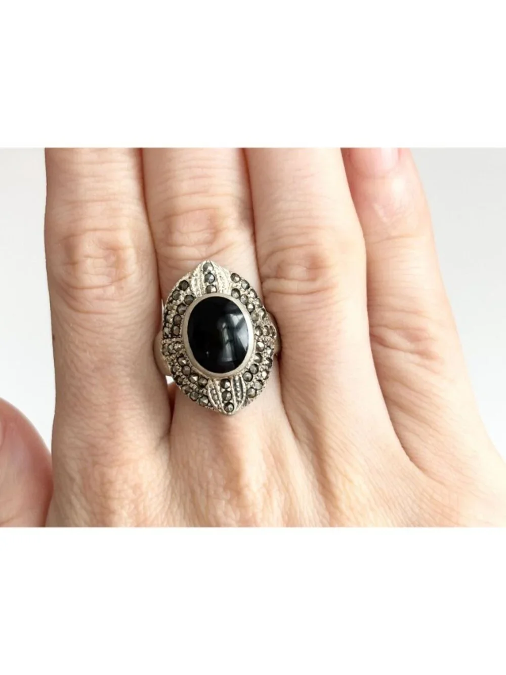Black Onyx Marcasite Framed Art Deco Sterling Silver 925 Vintage Ring - sz 7.75